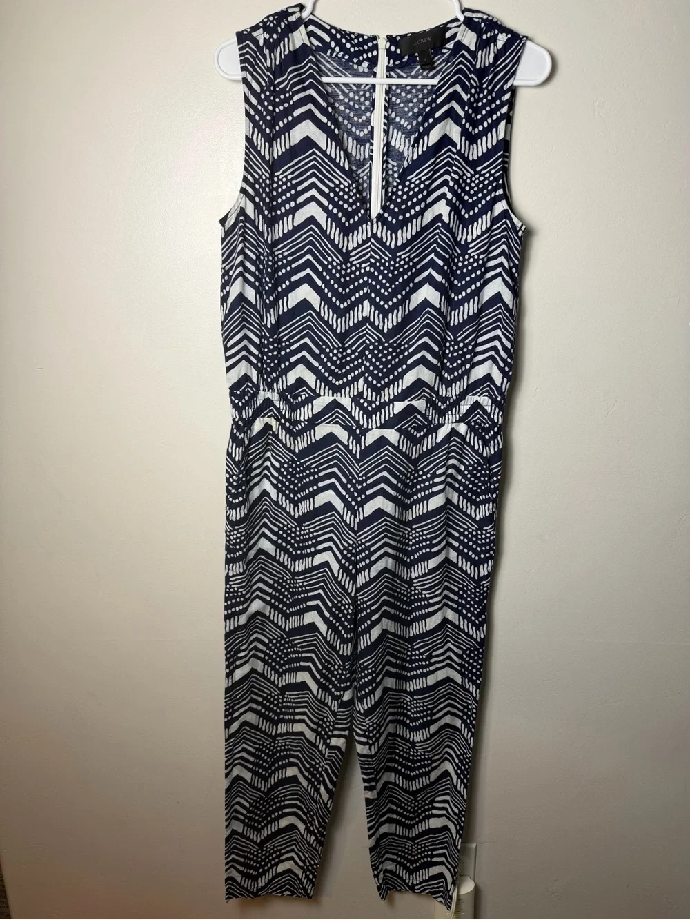 J. Crew Navy & White Chevron Linen and Cotton Jumpsuit Size 2 Elastic Waist NWOT
